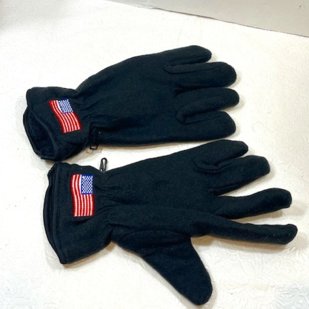 Black Soft Fleece Elastic Gloves USA Flag Large